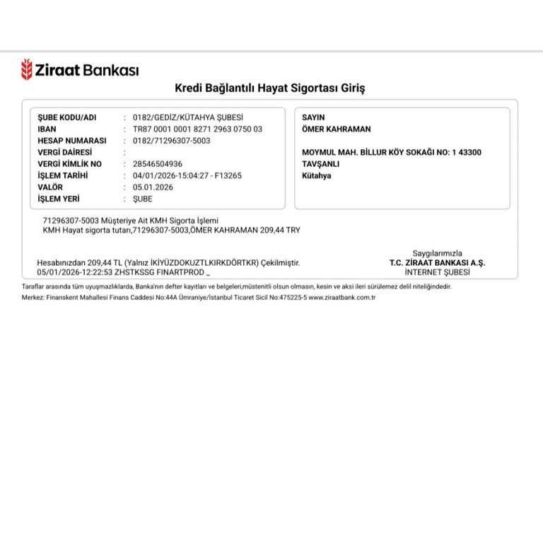 Ziraat Bankası Kütahya Gediz Şubesinde İzinsiz Hayat Sigortası Ve Yetkisiz Para Çekimi