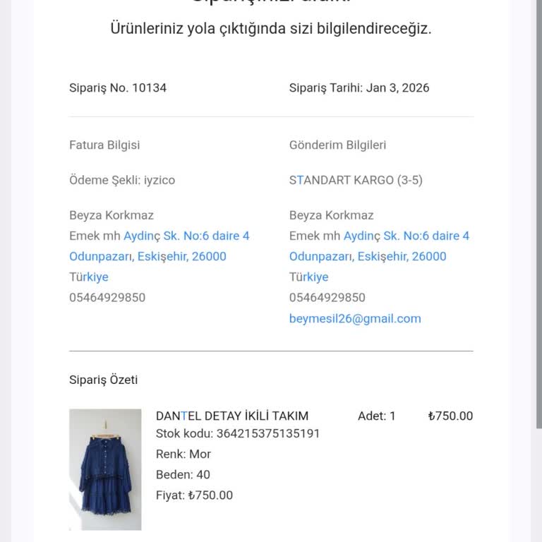 Tesettür Sitesinden Siparişim Gönderilmedi, 750 TL İadesi Talep Ediyorum