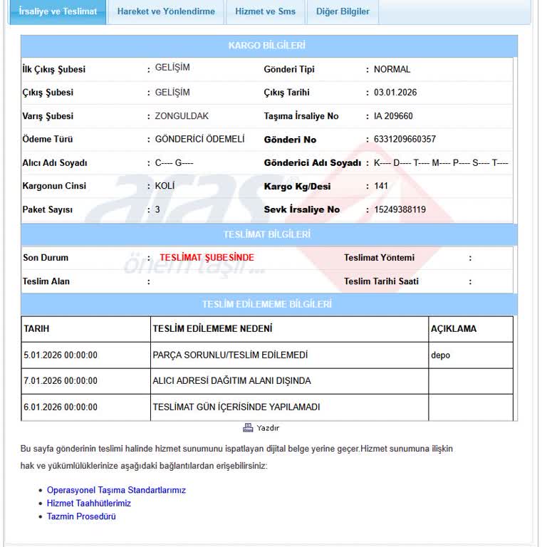 Ankastre Setin Bir Parçası Kayseri Kargoda Kayıp, 2 Gün Boyunca Cevapsız