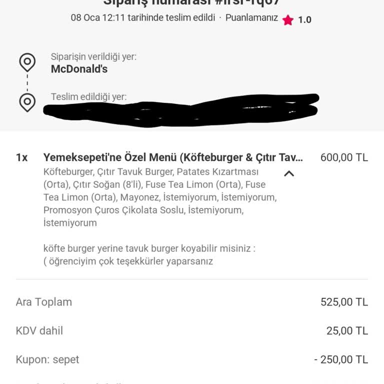 McDonald’s Şubesinden Çikolata Soslu Çuros Teslim Edilmedi