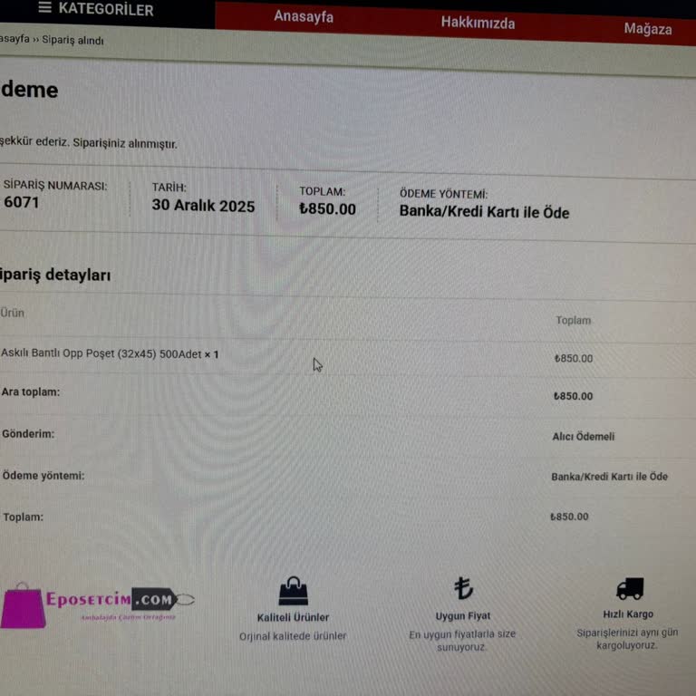 Eposetcim.com Gönderilmemiş Sipariş Ve 850 TL İade Talebi