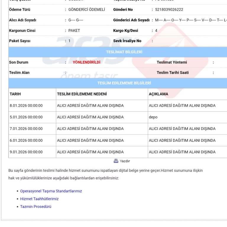 Adres Dışı Gösterilen Kargo Geri Döndü Ve Teslimat Talebi