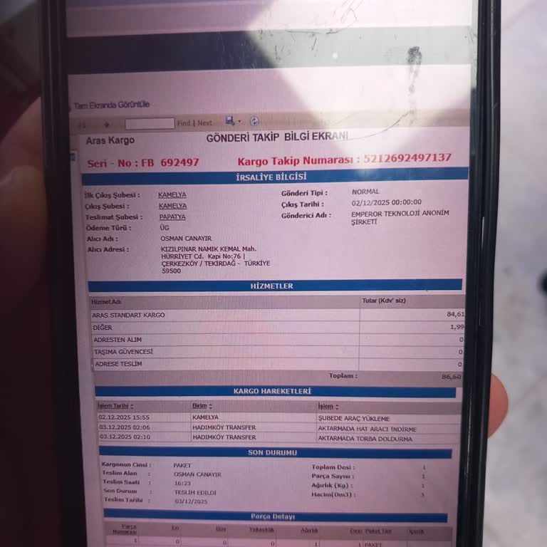 Aras Kargo Papatya Şubesinde Sahte Teslim Ve Telefonumun Bir Ay Kayıp Olması
