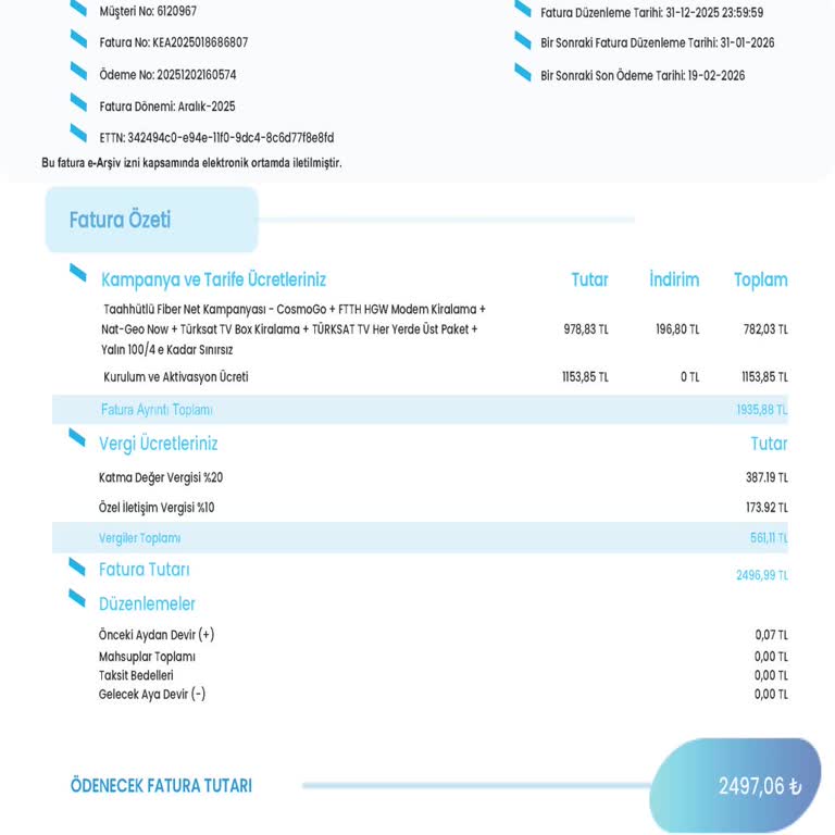 TÜRKSAT Kablo Net Faturada Cayma Bedelinin Açık Belirtilmemesi Ve Cevapsızlık