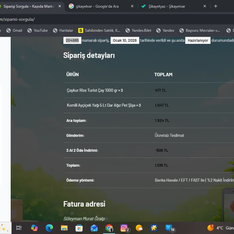 Kapıda Market’ten 1016 TL'lik Siparişin Teslim Edilmemesi Ve Müşteri Hizmetlerine Ulaşılamaması