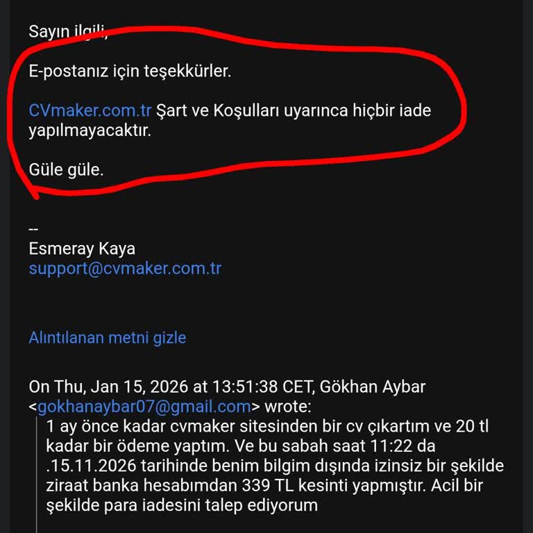 İzinsiz 339 TL Çekim İçin Acil İade Talebi