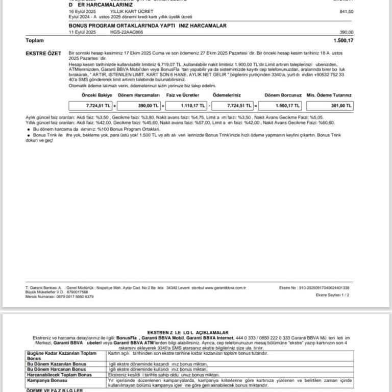 Garanti Bankası Bonus Kartıma Haksız Yansıtılan 841,50 TL Yıllık Aidatın Geri Ödemesi