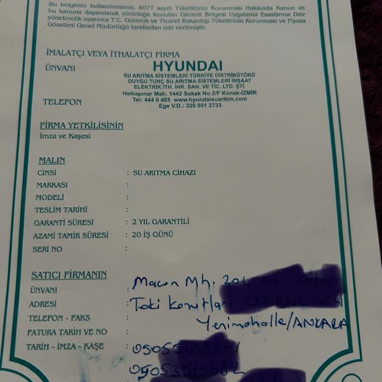 Hyundai Su Arıtma Sisteminde Motor Arızası Ve İhmaline Karşı Şikayet