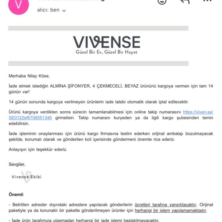 Vivense Almina Şifonyer Üretim Hatası Ve Cevapsız İade Talebi