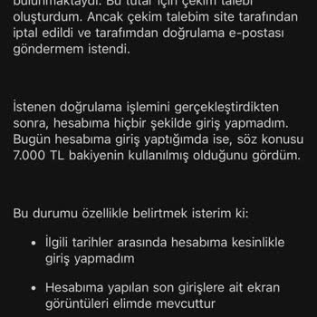 Yetkisiz Bahis İşlemleriyle Boşalan 7.000 TL Bakiye İçin İade Talebi