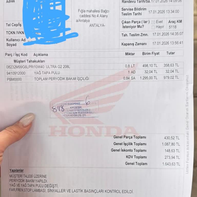 Honda Yetkili Serviste Yağ Değişimi İçin Aşırı Ücret Şikayeti