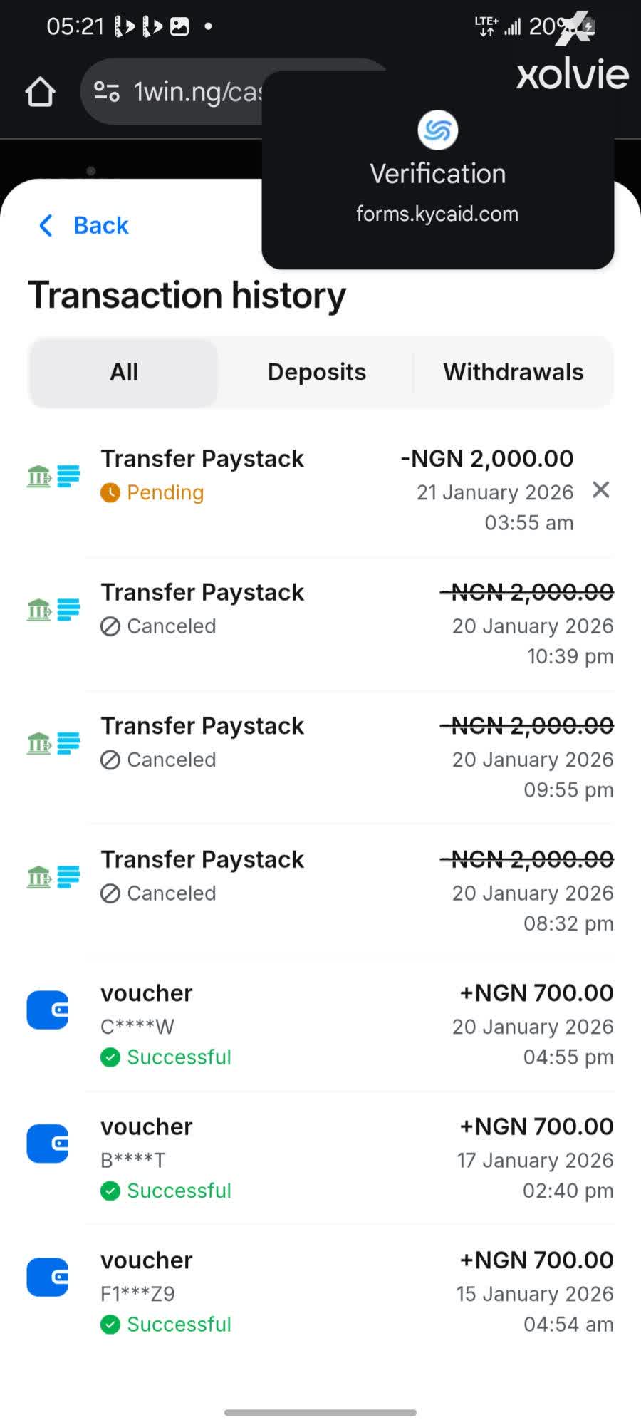 1win Withdrawal Pending After Verification for 2,000 NGN - Xolvie
