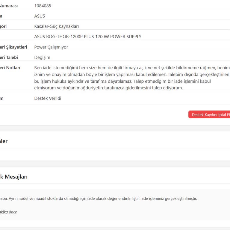 İncehesap Kapanan Asus Rog Thor 1200w Güç Kaynağı İçin Değişim Talebi ve Destek Sorunu