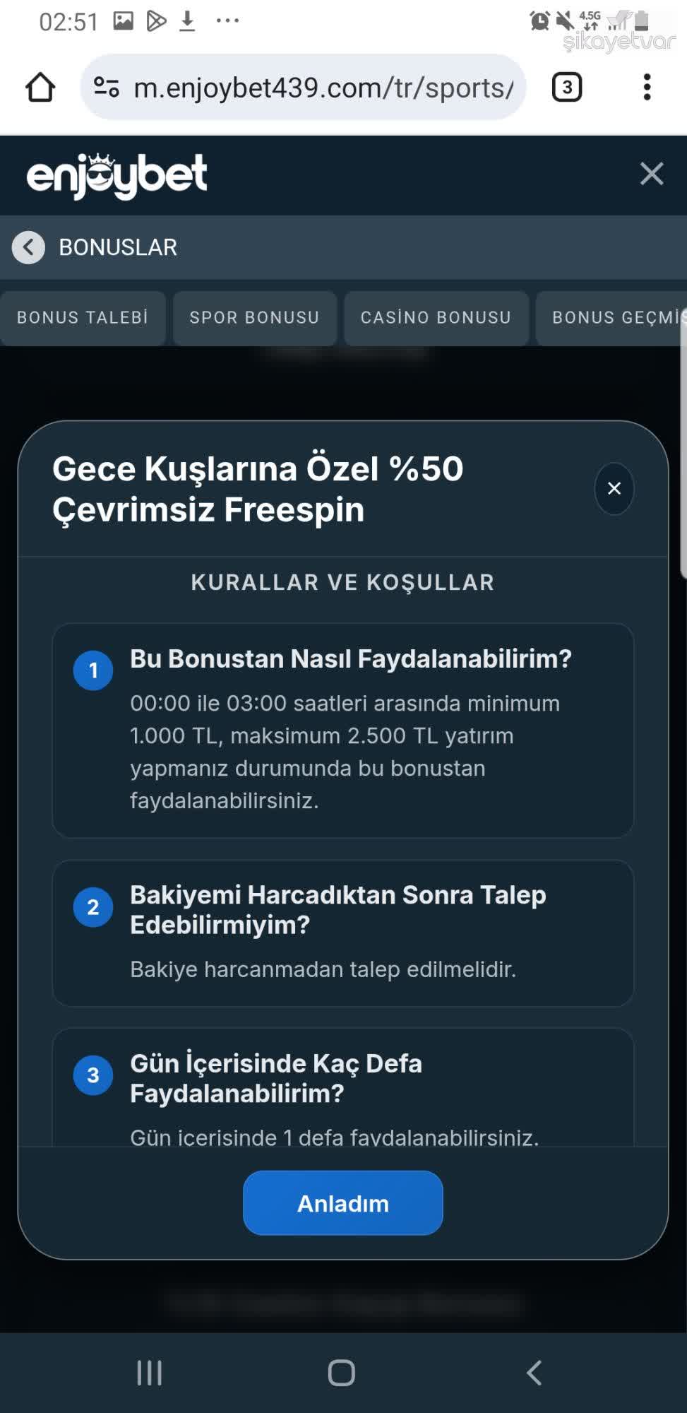 Schermata dell'app Enjoybet che mostra un bonus