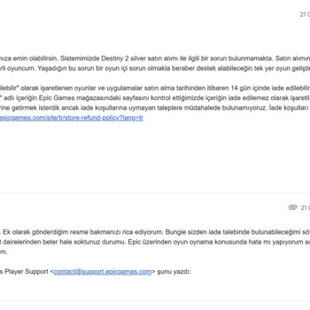 Epic Games'te Destiny 2 Silver Alımları Teslim Edilmedi Ve İade Reddi