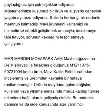 Mavi Gömlekte Yıkama Sonrası Oluşan Delik İçin Değişim Ve İade Reddi