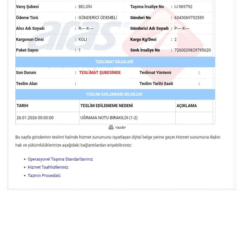 Aras Kargo’da Adreste Yok Bildirimi Ve Uzun Teslimat Gecikmesi