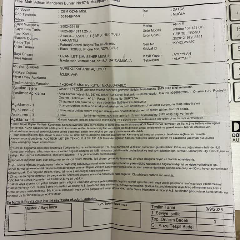 Apple Yetkili Servisi İzin Almadan Ana Kart Ve Pil Değiştirdi, Değişim Talebim Reddedildi