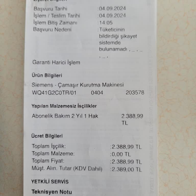 Kurutma Makinesi Servis Kayıt Bulunamıyor Ücret İadesi İstiyorum