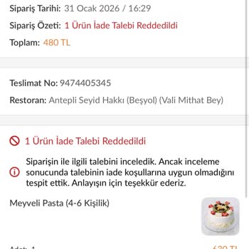 Trendyol Yemek Yanlış Ve Küçük Pasta, İade Talebim Reddedildi