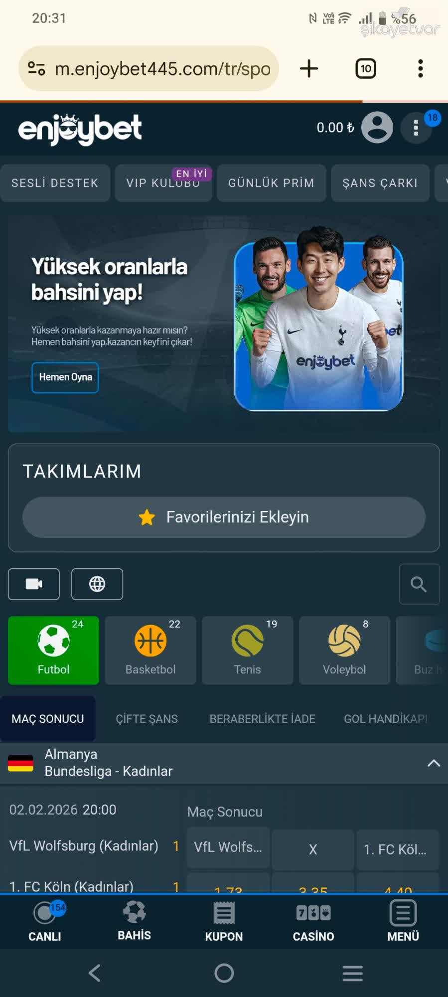 Interfaccia di Enjoybet che mostra una scommessa sportiva