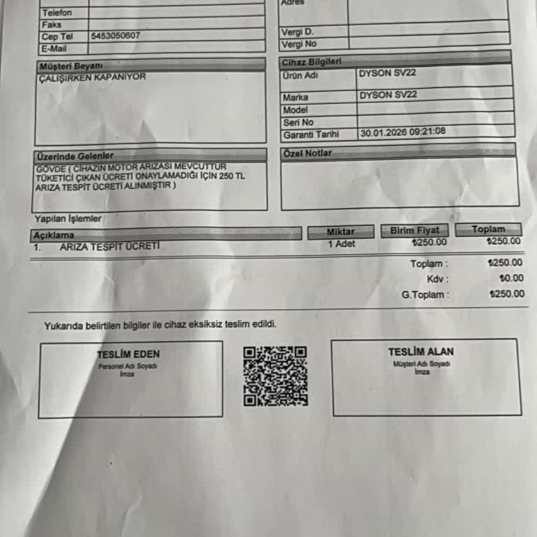 Dyson Yetkili Serviste Ücretsiz Arıza Tespiti Beklenirken Ücret İadesi Talebi