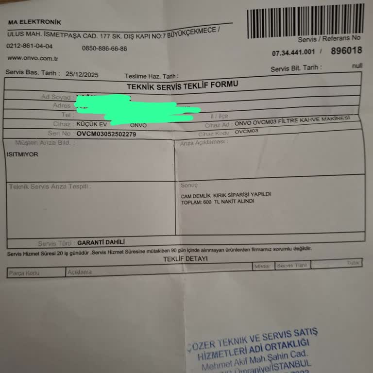 600 TL Peşin Ödeme Sonrası Demlik Parçası Gelmedi Ve Telefonla Saygısız Davranış