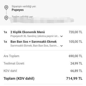Popeyes XL Sandviçleri Eksik Geldi Ücret İadesi Talep Ediyorum