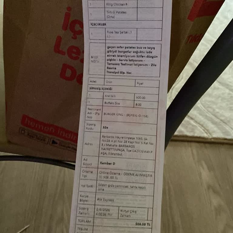Kral İkili Menüde King Chicken Gönderilmedi, Patates Sayısı Ve Kalitesi Yetersiz