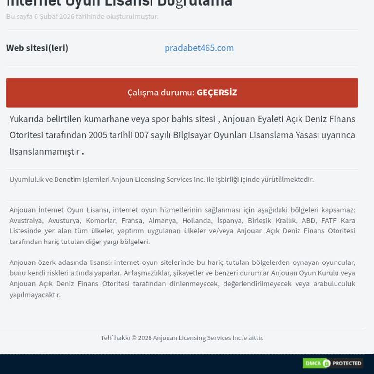 Lisansı Geçersiz Olan Pradabet Uyarısı