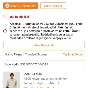 Trendyol’da Yanlış Beden Gönderilen Ürün İçin İade Talebinin Reddedilmesi