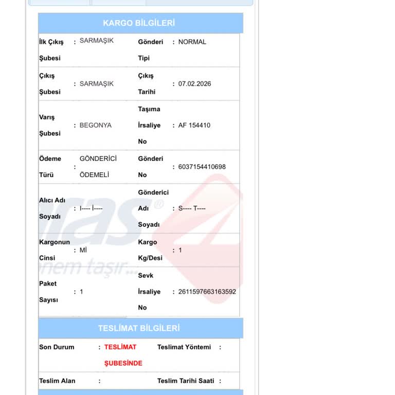 Aras Kargo’da Evet Yanıtına Rağmen Teslim Edilmemesi Ve Şubeye Bırakılması