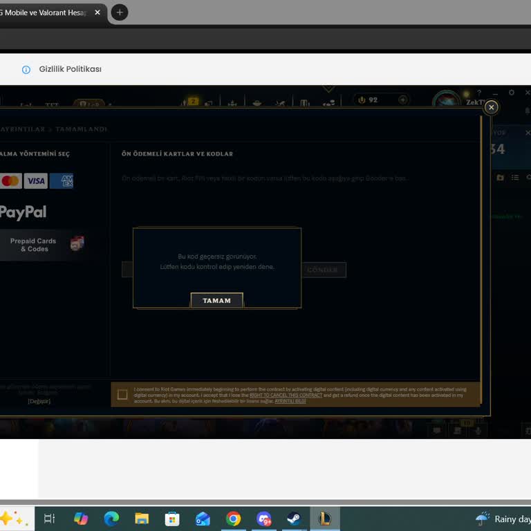Satın Aldığım RP Kodu Geçersiz Çıktı Ve Müşteri Hizmetlerinden Yanıt Gelmedi