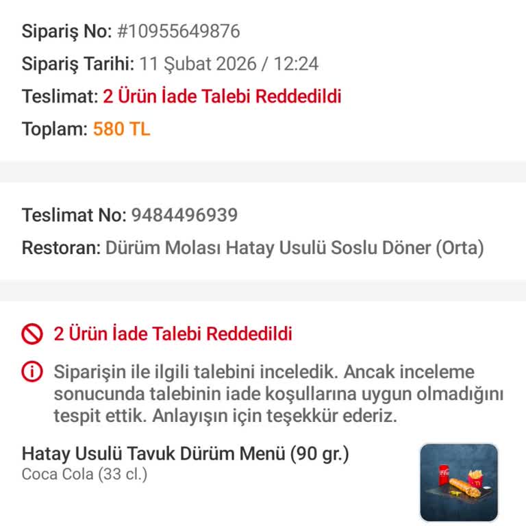 Yanlış Restorandan Gelen Sipariş Ve İade Reddi