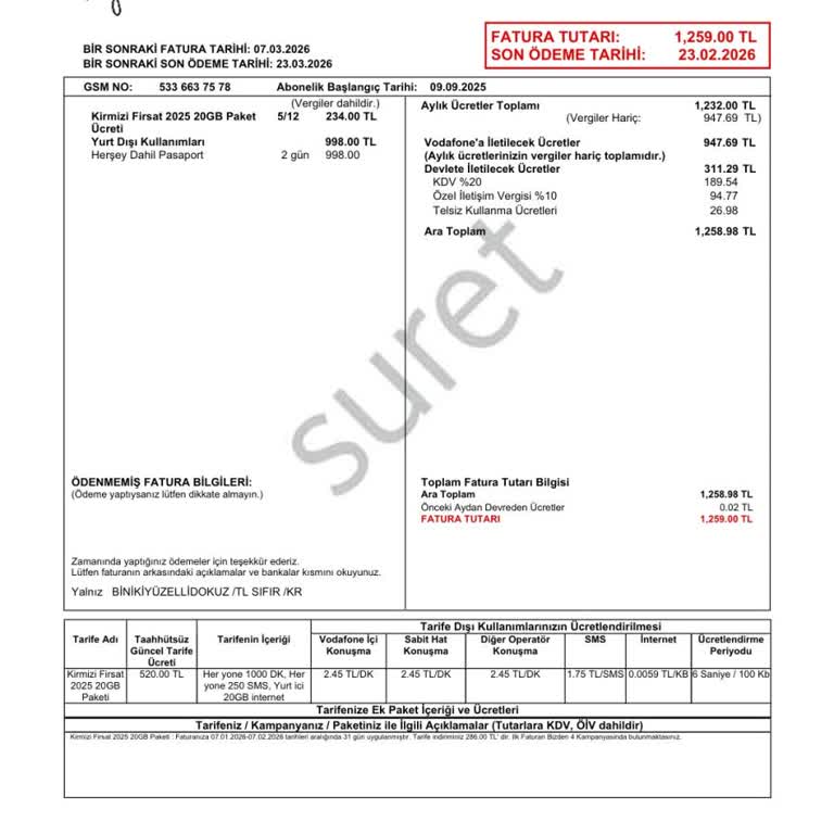 Vodafone’da Yetkisiz Yurt Dışı Günlük Paket Ve 998 TL Fazla Ücret İtirazı