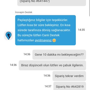 İnovapin Sipariş İptalleri Ve Canlı Destek Temsilcisinin Saygısız Tutumu