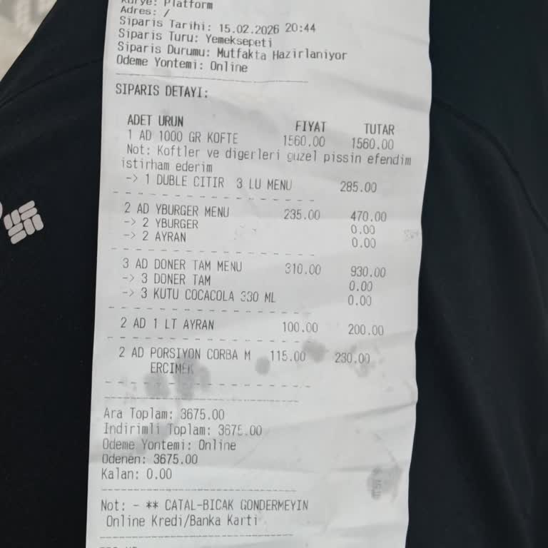 Siparişimde Köfte Ve Hamburger Eksik Geldi Tam Ücret Alındı Ve İade Talep Ediyorum