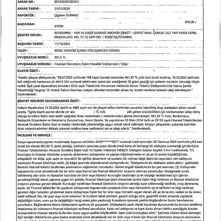 Yapı Kredi'nin Yıllık Kart Ücretini Geri Ödemeyi Reddetmesi Ve Hakem Heyeti Kararına Uymaması