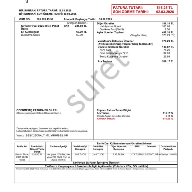 Vodafone Faturamda Açma Kapama Ücreti İptali Talebi