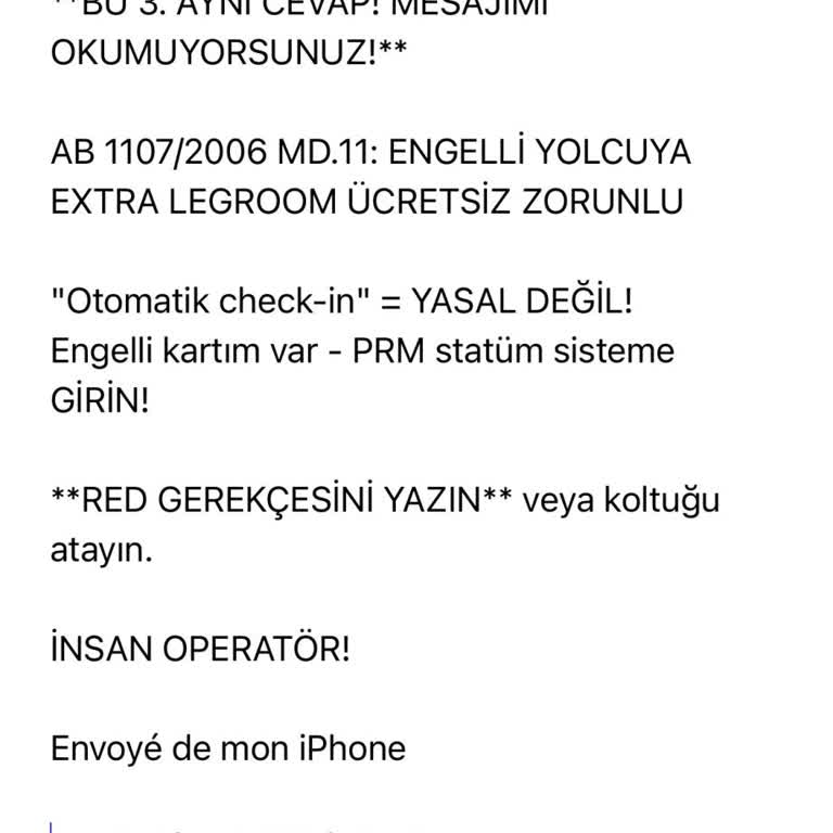 Engelli Yolcunun Ücretsiz Ekstra Diz Mesafeli Koltuk Talebi Reddedildi, Cevapsız Bırakıldı
