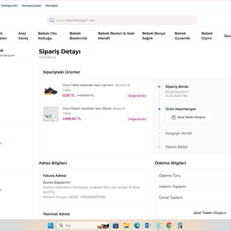 Kampanyalı Bebek Ayakkabısının Hatası Nedeniyle Sipariş İptali Ve Yeniden Gönderilmesi Talebi