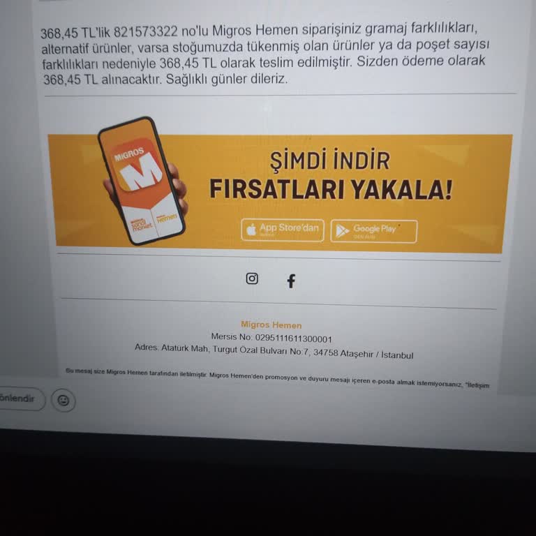 Migros Hemen Uygulamasında Portakal Eksik Geldi Ve İade Talep Ediyorum