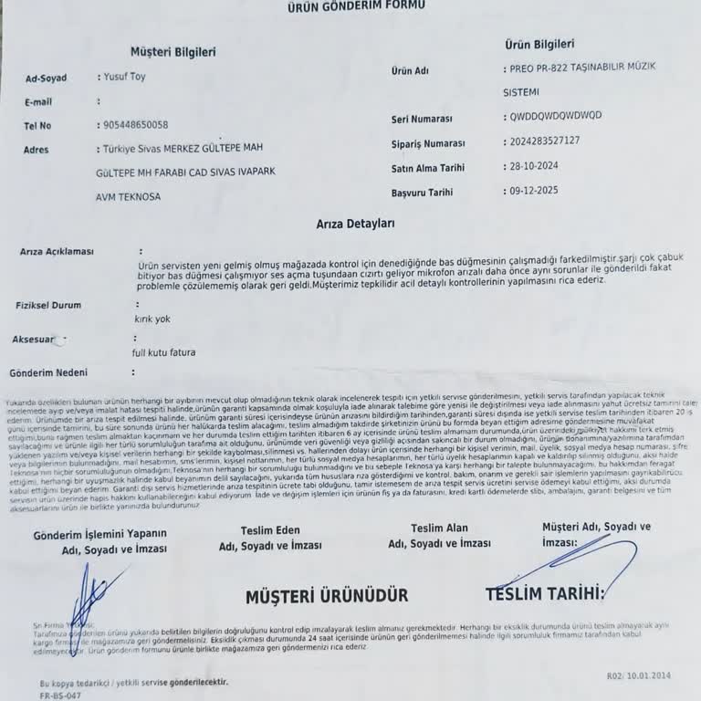 Teknosa Preo PR-822 Ses Sistemi Garanti Arızası Ve İade Talebi