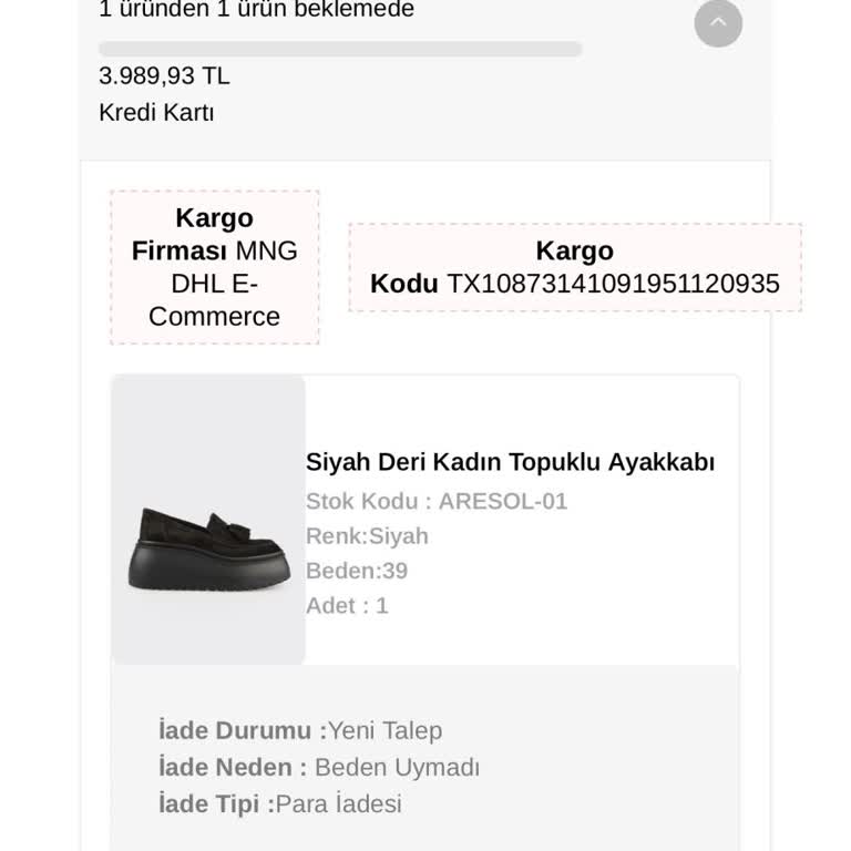 Ürün Depoya Ulaştı, İade İşlemi Ve Kredi Kartı İadesi Gerçekleşmedi