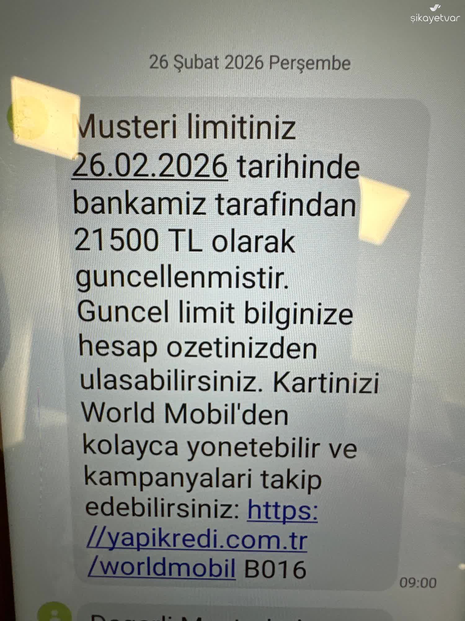 Yapı Kredi Bankası Yapı Kredi'nin Habersiz Kredi Kartı Limit