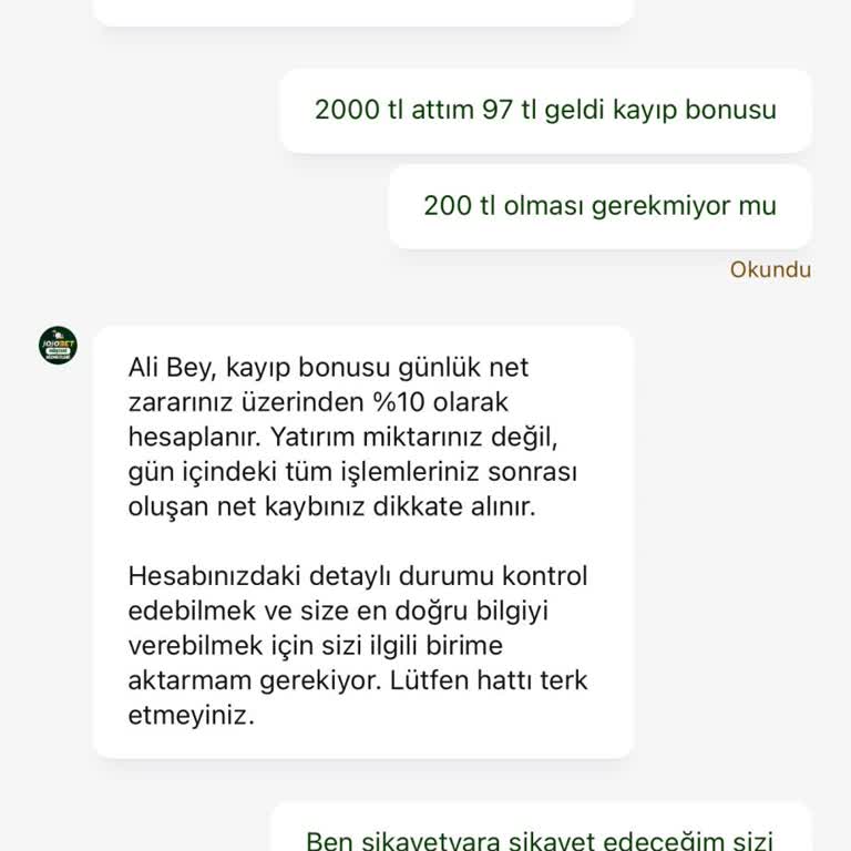 2000 TL Yatırdığımda %10 Kayıp Bonusunun Sadece 97 TL Verilmesi Ve Tekrarlayan Sorun