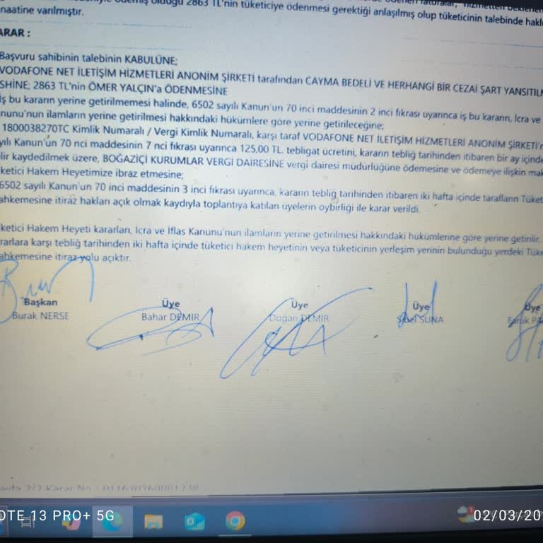 Mahkeme Kararına Rağmen Vodafone 2.863 TL’yi Hesabıma Yatırmıyor
