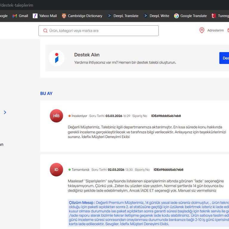 İdefix'te İade Kodu Oluşturulamıyor, Yasal Cayma Hakkı Reddedildi