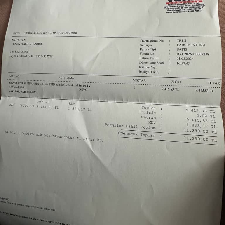 Kurulum Sonrası Arızalı Onvo Televizyon İçin Ücret İadesi Ve Değişim Talebi