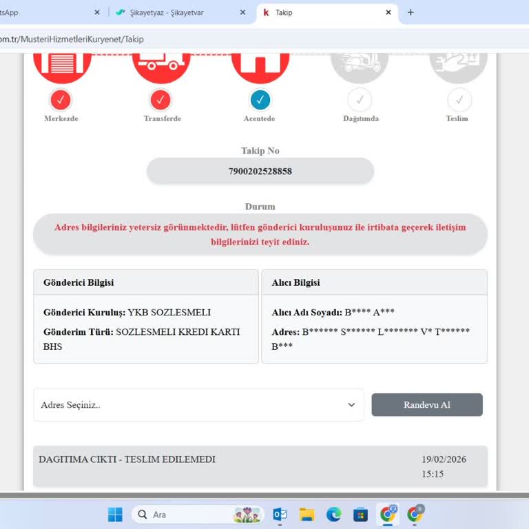 Kuryenet’teki 3 Haftalık Adres Bulunamadı Gecikmesi Ve Telefon İletişimi Talebi